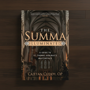 Book cover of 'The Summa Illuminated' on a wooden surface