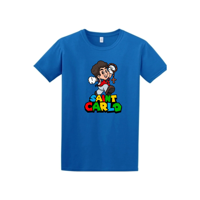 Blue T-shirt of a cartoon St. Carlo Acutis on a white background