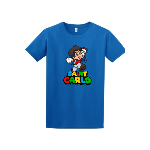 Blue T-shirt of a cartoon St. Carlo Acutis on a white background