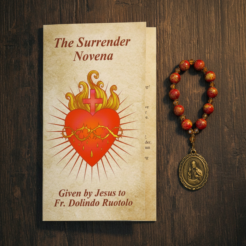 The Surrender Novena book with a red heart illustration on a wooden surface, accompanied by a chaplet.