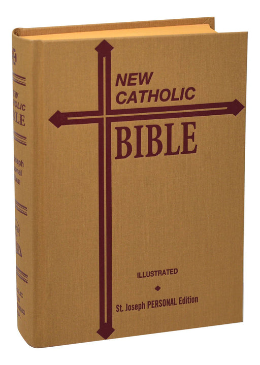 Tan, hardcover Bible on a white backgroound