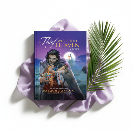 Book titled 'The Thief Who Stole Heaven' by Raymond Arroyo on purple fabric with a palm branch.