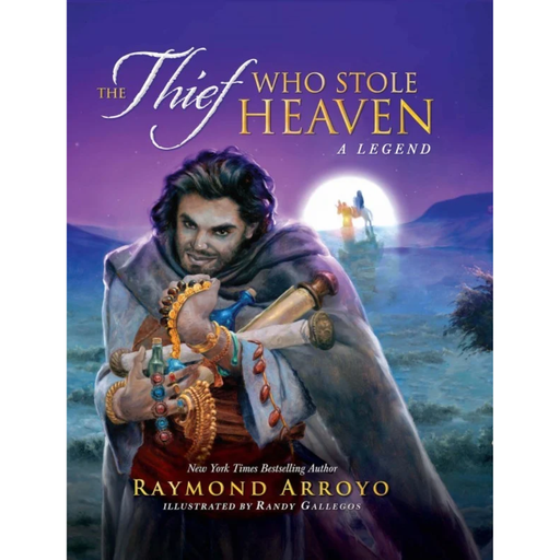Book cover of 'The Thief Who Stole Heaven' with a character holding jewelry against a purple sky.