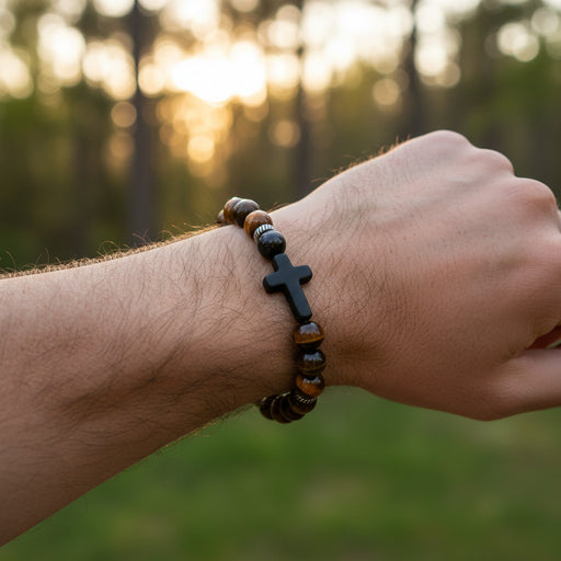 Hand wearing a beaded bracelet with a cross charm against a blurred natural background