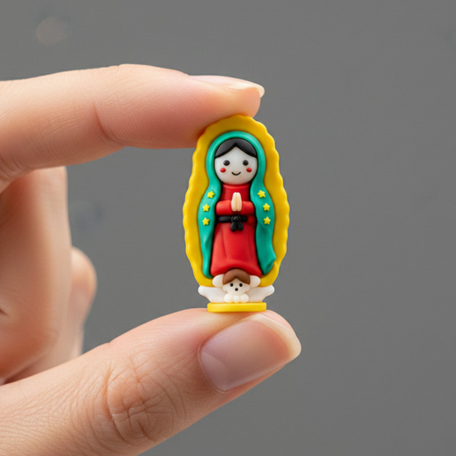 Hand holding a small figurine of Our Lady of Guadalupe against a gray background