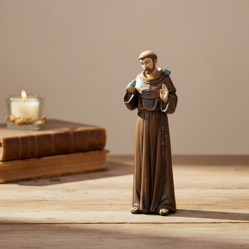 Statue of a religious figure on a wooden surface with a candle and books in the background
