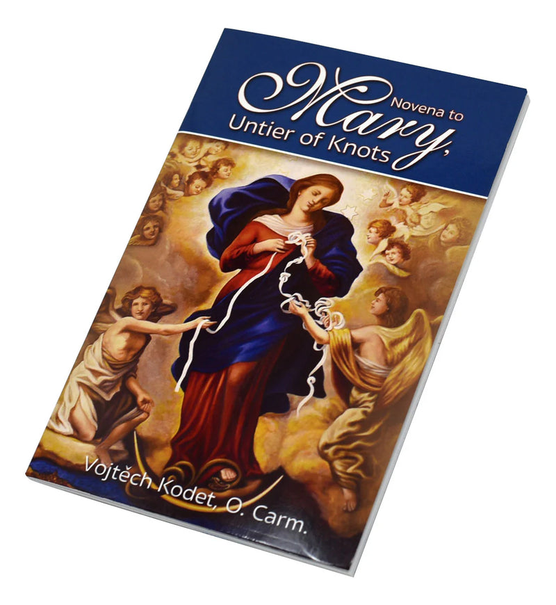 Book cover of 'Novena to Mary, Untier of Knots' with an illustration of a religious figure and angels on a white background.