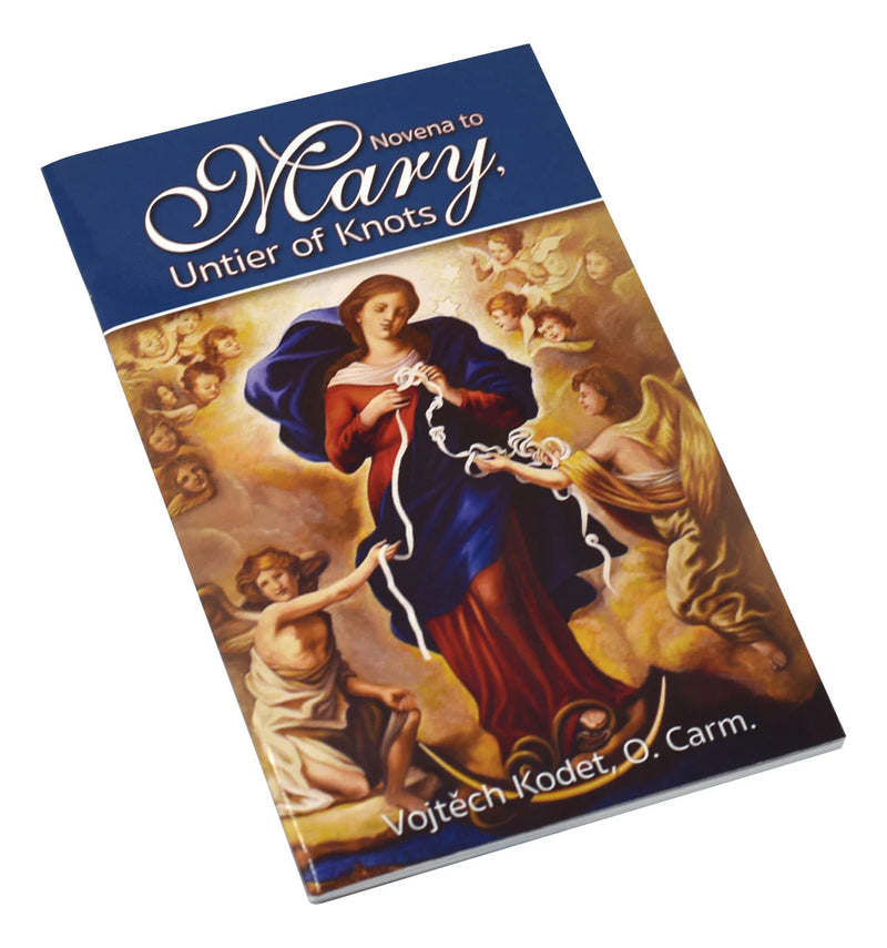 Book titled 'Novena to Mary, Untier of Knots' with an illustration of a religious figure on the cover.