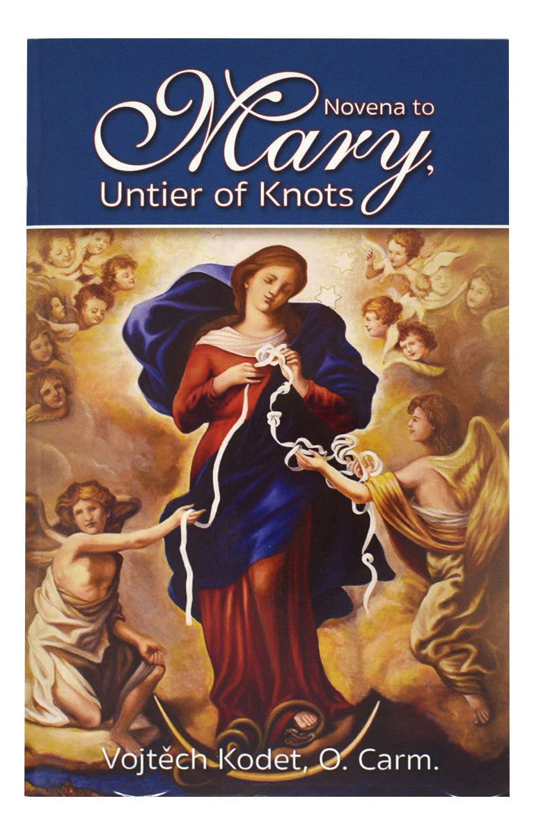 Book cover of 'Novena to Mary, Untier of Knots' with an illustration of Mary and angels.
