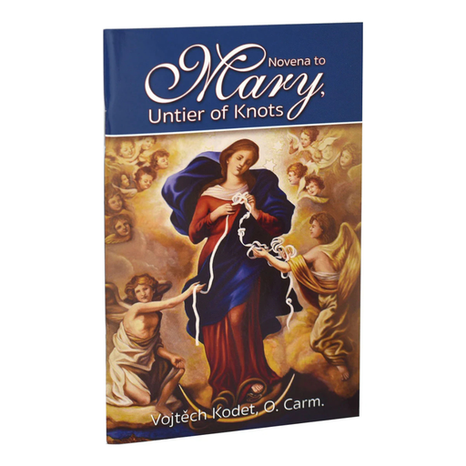 Book cover of 'Novena to Mary, Untier of Knots' with an illustration of a religious figure and angels.