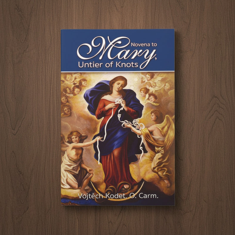 Book cover of 'Novena to Mary, Untier of Knots' with an illustration of Mary on a wooden surface.