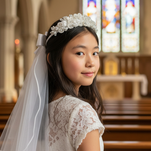 A young girl glances over her shoulder, wearing a sparkly vintage style First Communion veil with a headband.