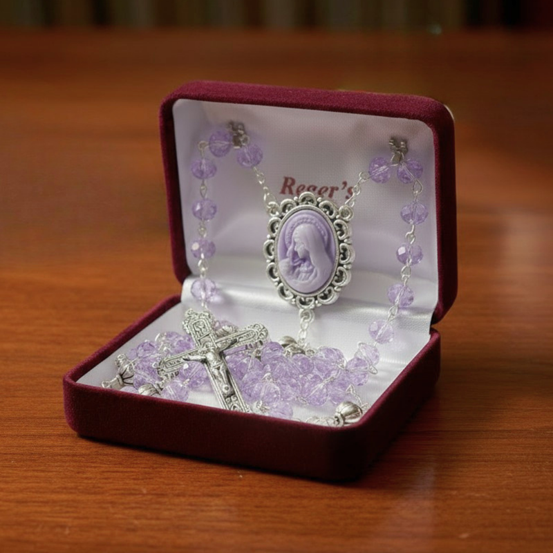 Pale purple glass rosary with a madonna cameo centerpiece