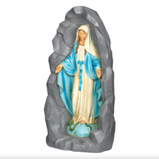 Statue of Mary in a rocky setting on a white background