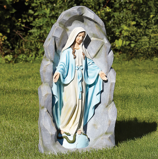Statue of Our Lady of Grace in a natural setting with greenery