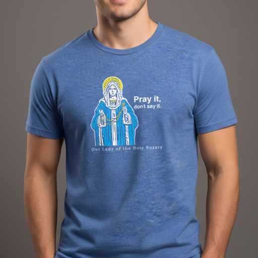 Person wearing a light blue Virgin Mary shirt on a gray background.