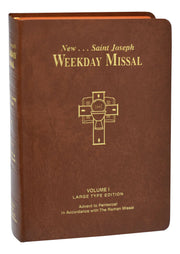 Brown book titled 'New Saint Joseph Weekday Missal' with gold text and cross design on a white background