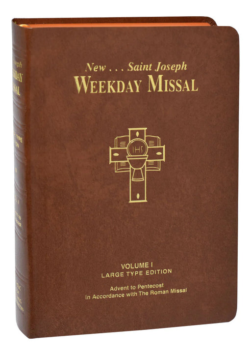 Brown book titled 'New Saint Joseph Weekday Missal' with gold text and cross design on a white background