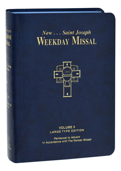 Blue book titled 'New Saint Joseph Weekday Missal' with a gold cross on a white background