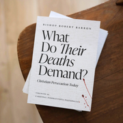 White book titled 'What Do Their Deaths Demand?' on a wood surface