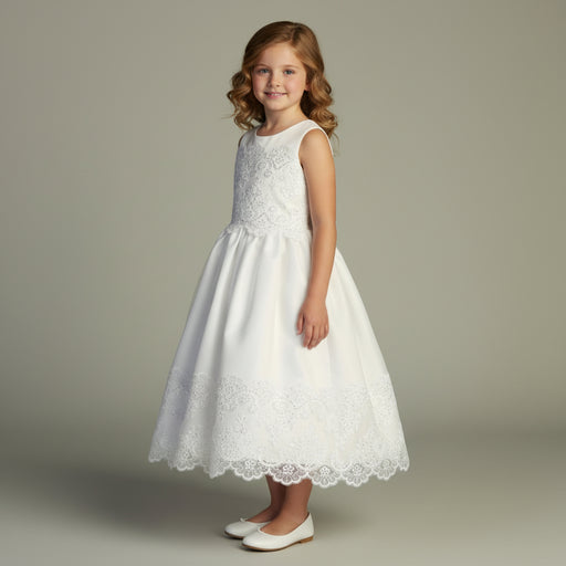 Young girl wearing a white lace First Communion dress against a neutral background