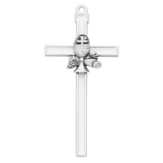 White First Communion gift cross with a pewter chalice emblem on a white background.
