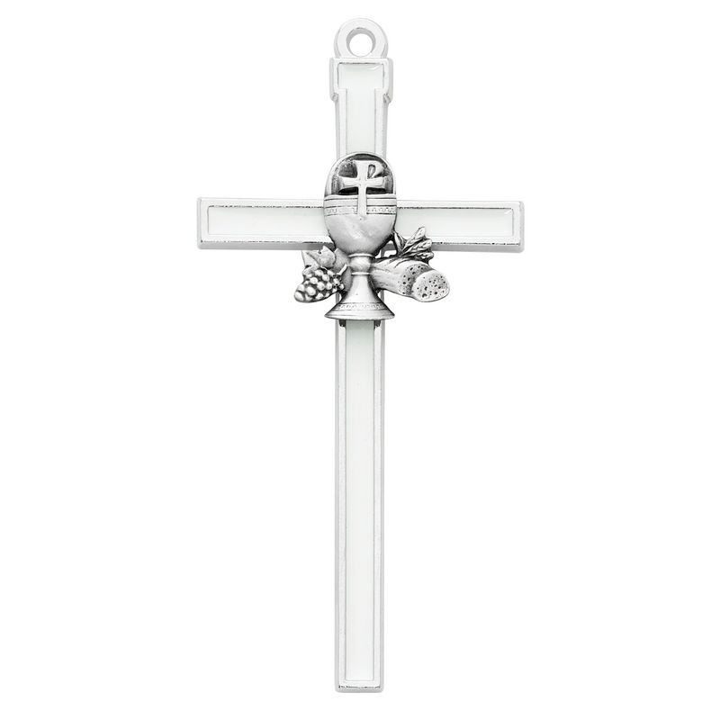 White First Communion gift cross with a pewter chalice emblem on a white background.