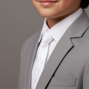 Gray suit jacket over a white shirt with a tie on a neutral background
