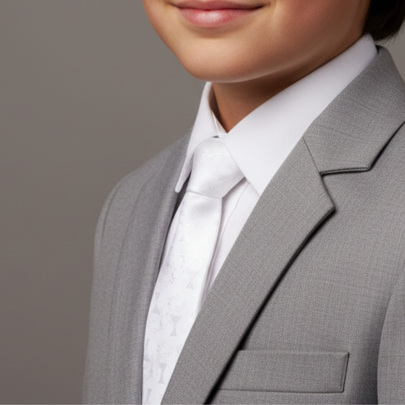 Gray suit jacket over a white shirt with a tie on a neutral background