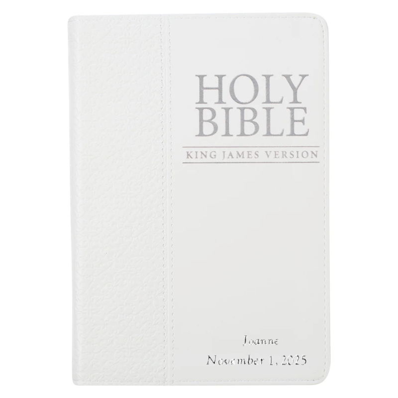 White Bible with 'HOLY BIBLE KING JAMES VERSION' text on a white background
