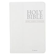 White Bible with 'HOLY BIBLE KING JAMES VERSION' text on a white background