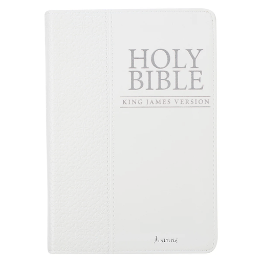 White Bible with 'HOLY BIBLE KING JAMES VERSION' text on a white background