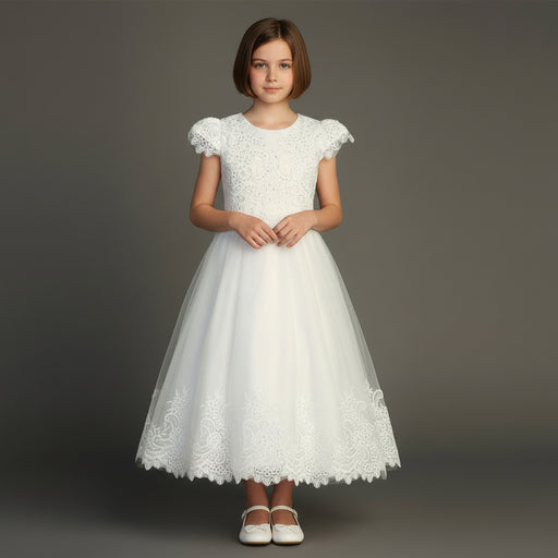 Young girl wearing a white lace Communion dress against a gray background