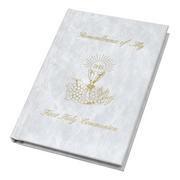 White book titled 'Remembrance of My First Holy Communion' on a white background