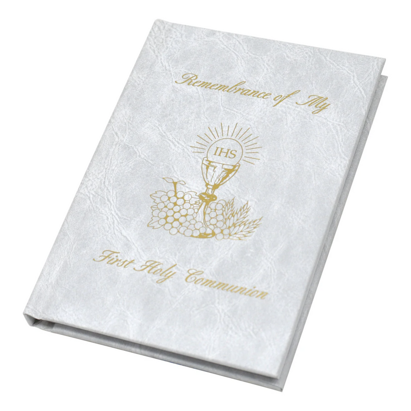 White book titled 'Remembrance of My First Holy Communion' on a white background