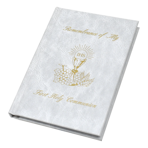 White book titled 'Remembrance of My First Holy Communion' on a white background