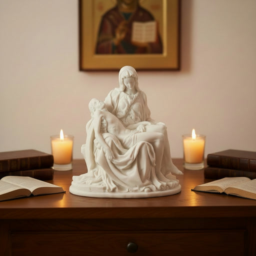 White Pieta statue on a wooden table with candles and books in a warm setting