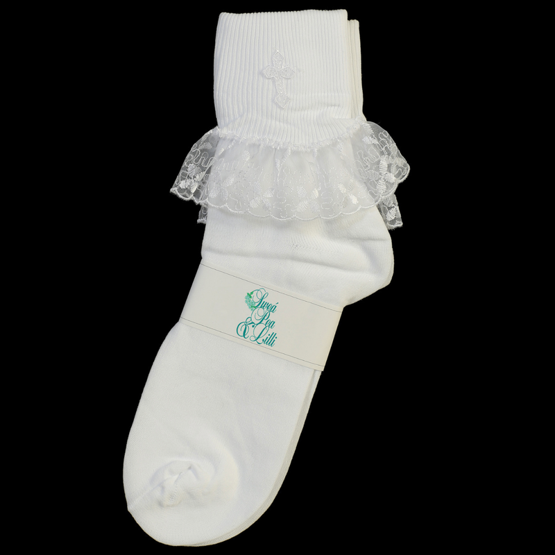 White ruffled First Communion sock with an embroidered cross on a white background