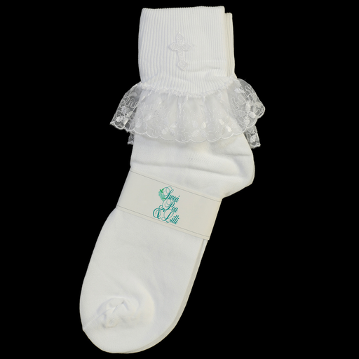 White ruffled First Communion sock with an embroidered cross on a white background