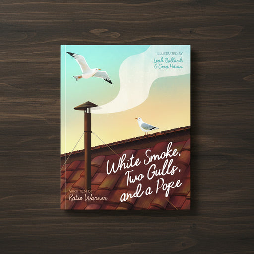 Book cover of 'White Smoke, Two Gulls, and a Pope' on a wooden surface
