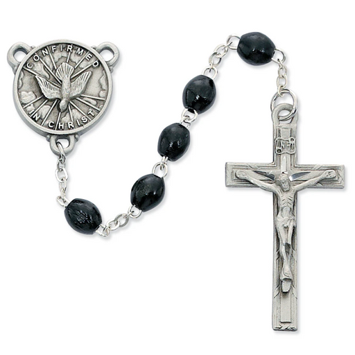 Black wood Confirmation rosary with a pewter center and crucifix, gift box included.