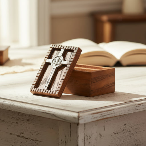 A wood look Confirmation keepsake box on a shabby chic desk.