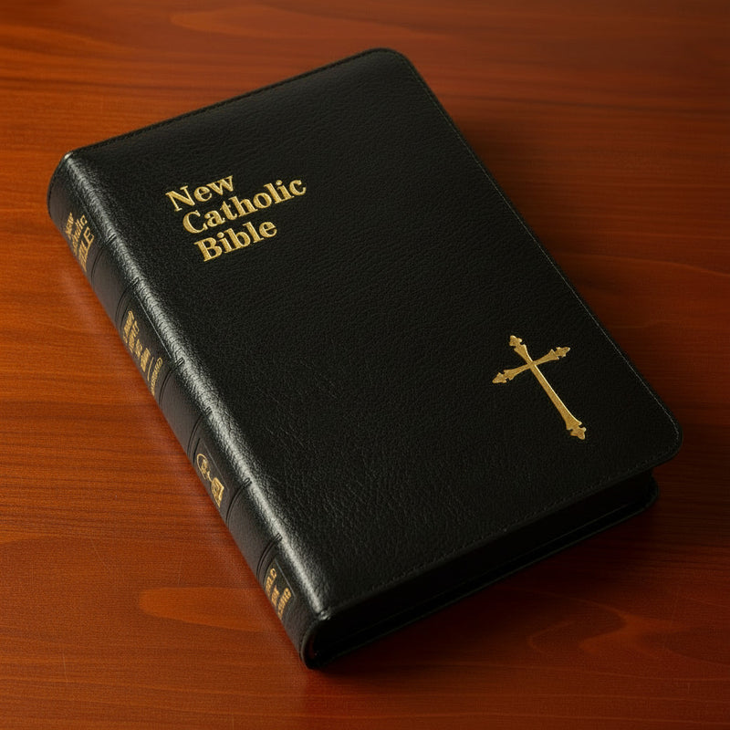 Black New Catholic Bible with gold text and cross on a wooden surface