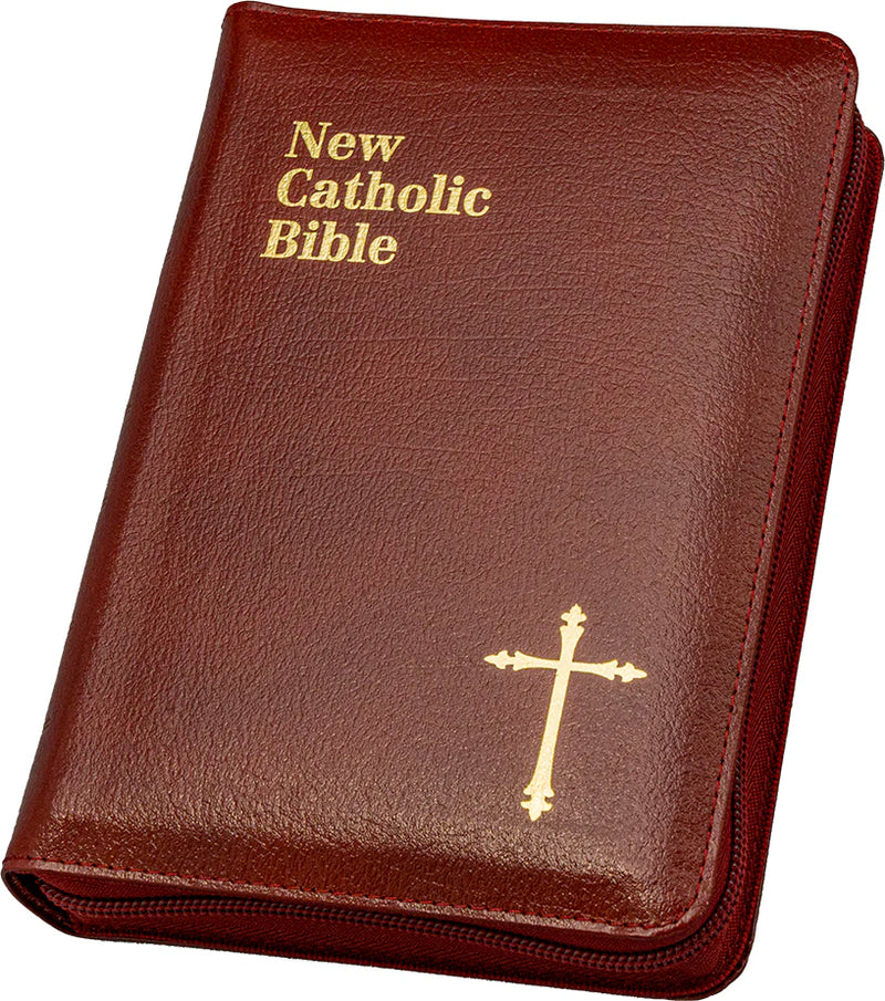 Red New Catholic Bible with gold text and cross on a white background