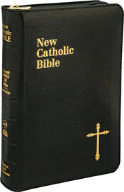 Black New Catholic Bible with gold text and cross emblem on a white background