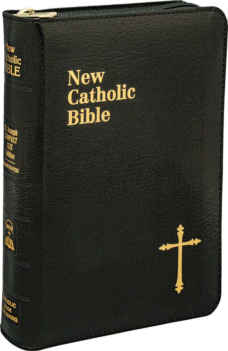 Black New Catholic Bible with gold text and cross emblem on a white background