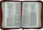 Open Bible with red leather cover on a white background