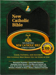 New Catholic Bible compact edition with black cover and gold text