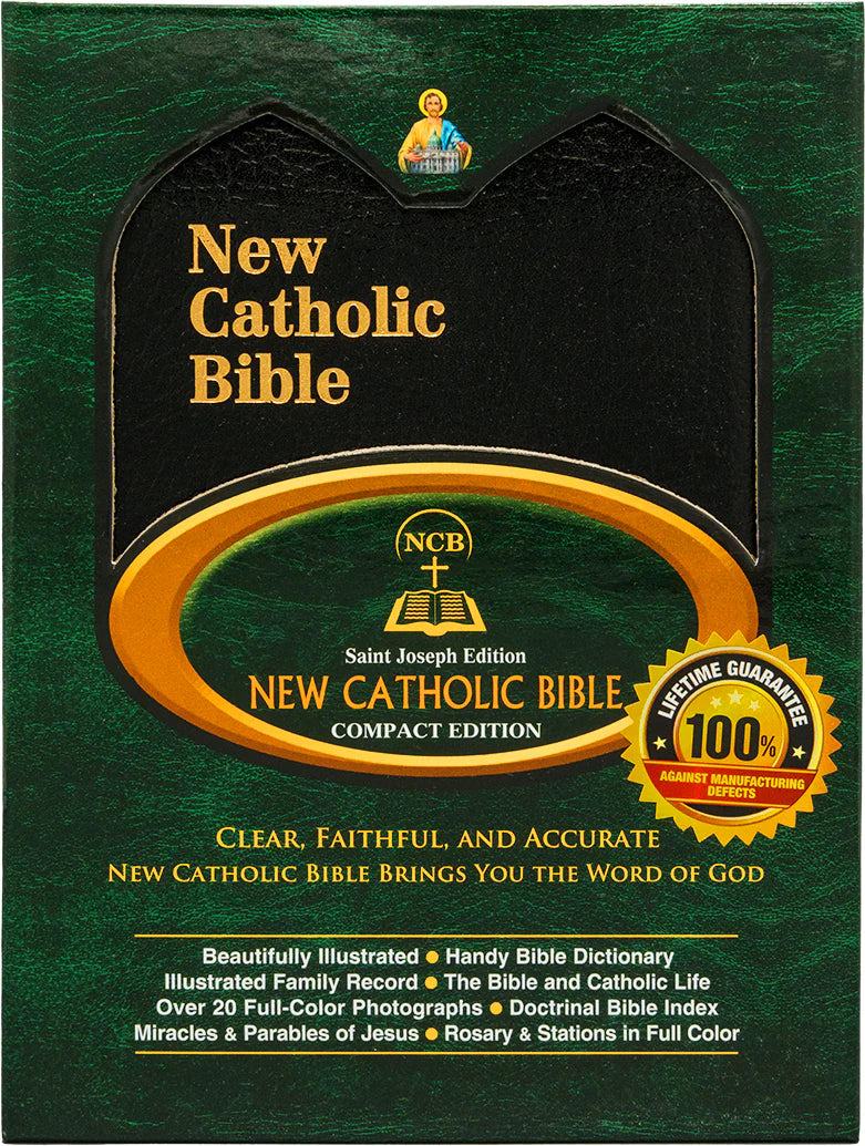 New Catholic Bible compact edition with black cover and gold text