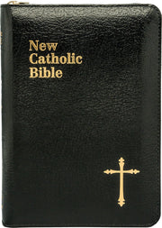 Black leather-bound Bible with gold text and cross on a white background